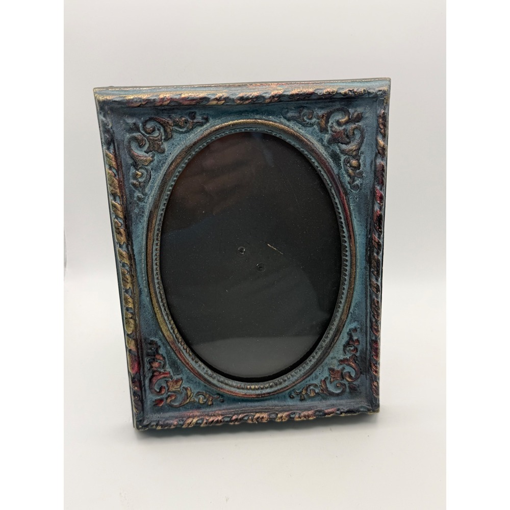 Ornate Vintage Teal Bronze Distressed Oval Opening Picture Frame